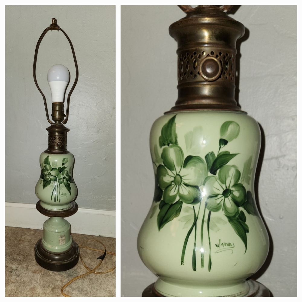 Antique 1920s Pastel Green Ceramic Hand Painted & Signed Table Lamp